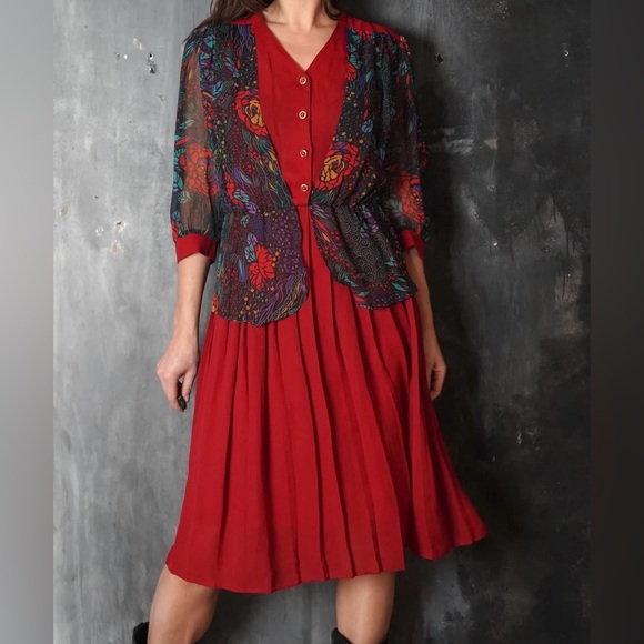 Fun 80s Pleated Midi Dress - Picture 1 of 6